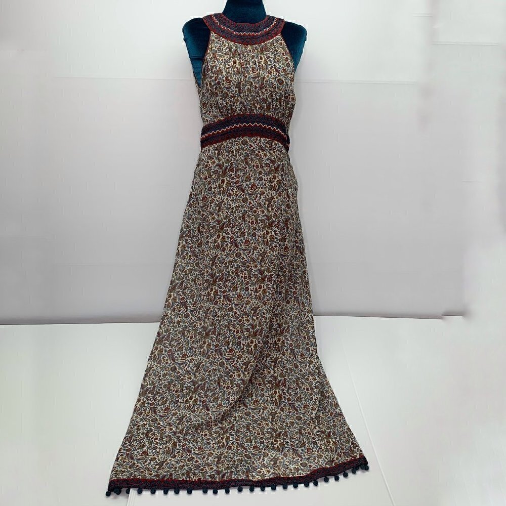 Talitha Silk Maxi Dress Medium Floral Boho Hand Beaded Pom Pom Hemline